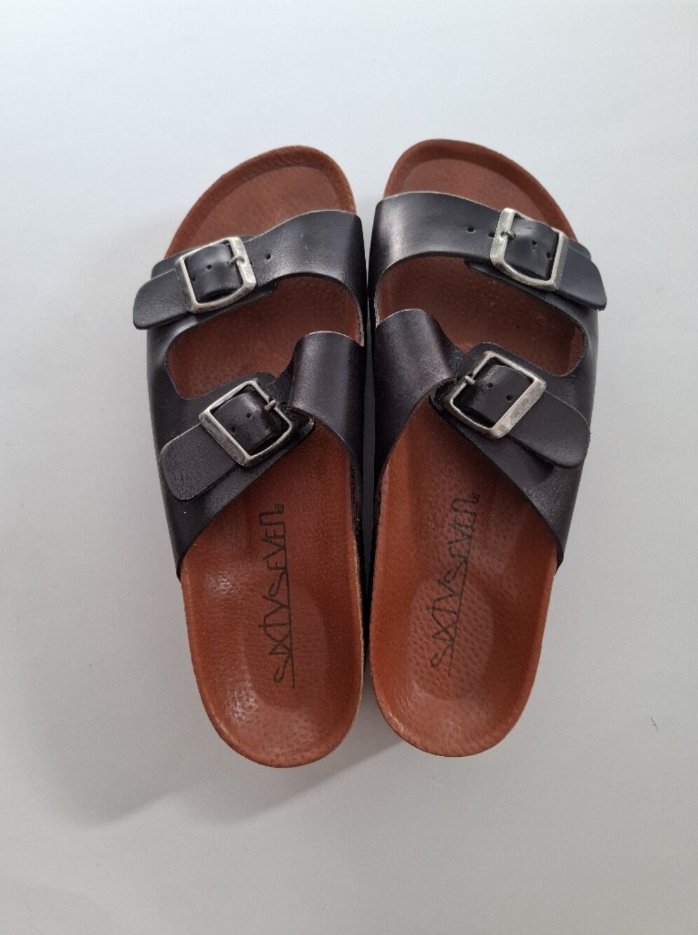 Sixtyseven Women's Brown Black Leather Cork Platform Slide Sandals